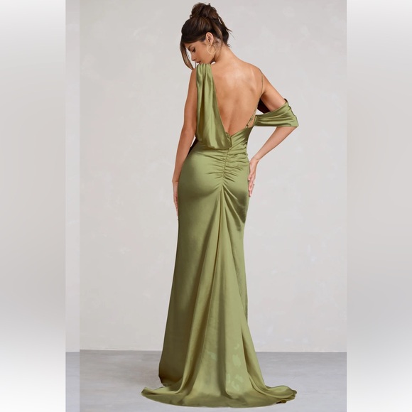 CLUB L LONDON JAYNE OLIVE SATIN ASYMMETRIC DRAPED SPLIT MAXI DRESS - Picture 2 of 6